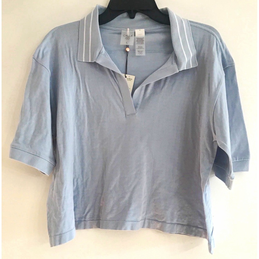 CALIA Women's Blue Cropped Collared Breathable Stretch Tennis Polo Size L